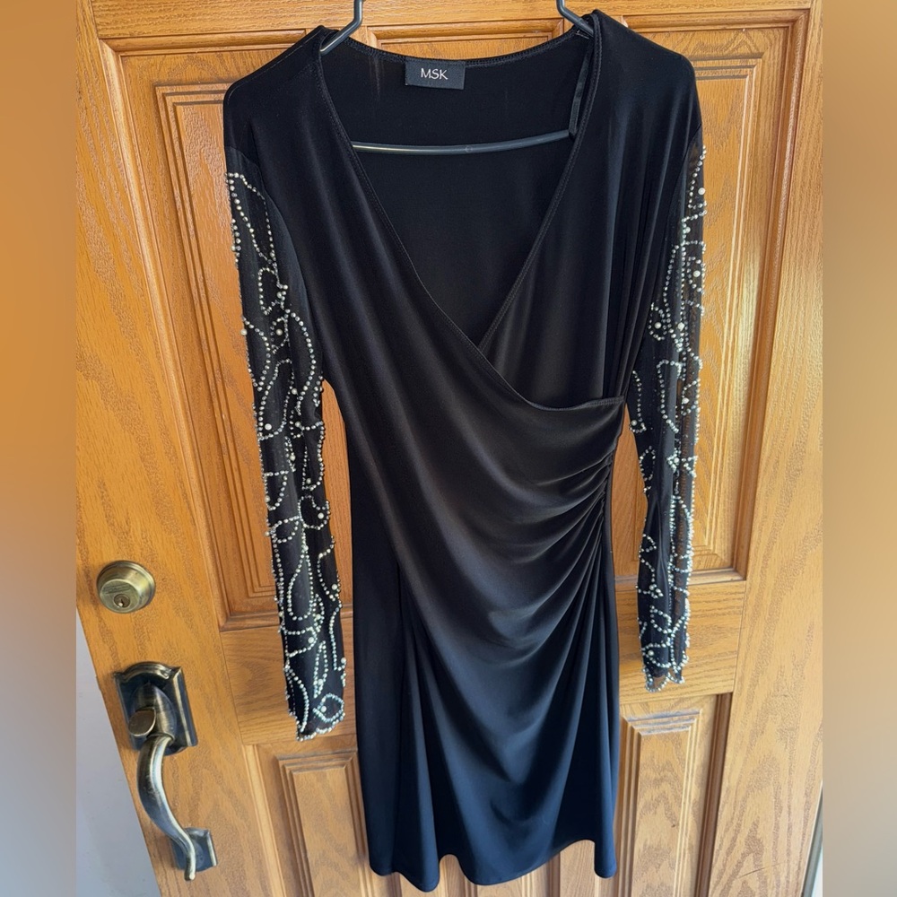 MSK Black Long Sleeve Beaded Wrap-Style Dress